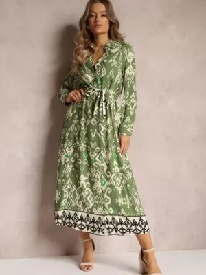 Zielona Sukienka Koszulowa Rozkloszowana z Wiązaniem Vern