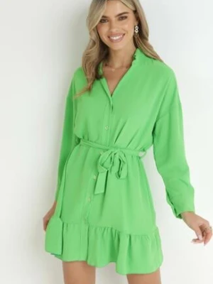 Zielona Sukienka Koszulowa z Falbanką i Wiązanym Paskiem Fian lily rose