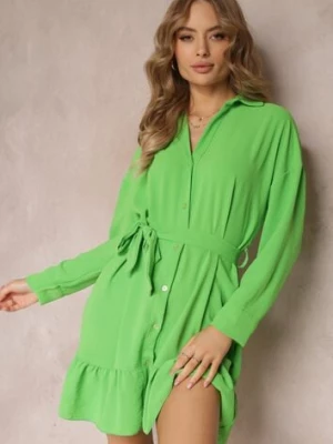 Zielona Sukienka Koszulowa z Falbanką i Wiązanym Paskiem Neitra lily rose