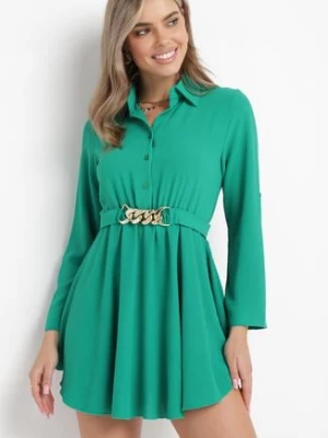 Zielona Sukienka Koszulowa z Ozdobnym Paskiem i Gumką w Pasie Tanish