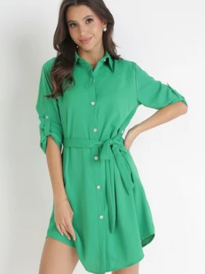 Zielona Sukienka Koszulowa z Wiązanym Paskiem Dekitte
