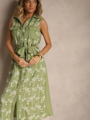 Zielona Sukienka Koszulowa z Wiązanym Paskiem i Haftowanym Zdobieniem Malenea rosa