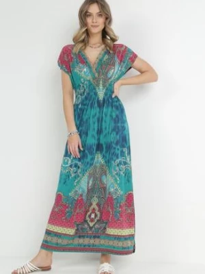 Zielona Kopertowa Sukienka w Etniczny Wzór Matanira j&x