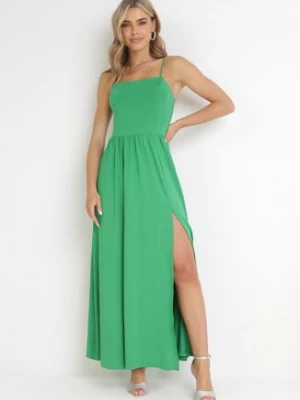 Zielona Sukienka Maxi na Ramiączkach z Rozcięciem na Dole i Kwadratowym Dekoltem Jacklyn