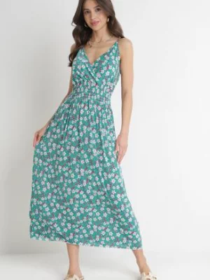 Zielona Sukienka Maxi na Regulowanych Ramiączkach z Cienkimi Gumkami w Pasie Abgale