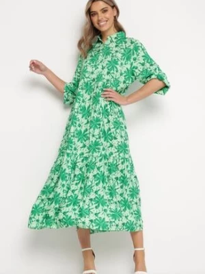 Zielona Sukienka Maxi w Kwiatowy Wzór z Koszulową Górą Lithaia