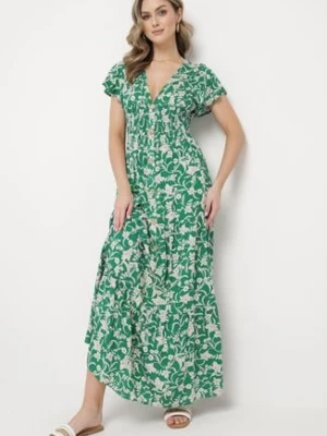 Zielona Sukienka Maxi w Kwiaty z Falowanymi Rękawkami i Gumką w Talii Mulanitti