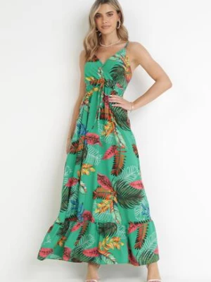 Zielona Sukienka Maxi w Roślinny Wzór z Gumką w Pasie Karsina