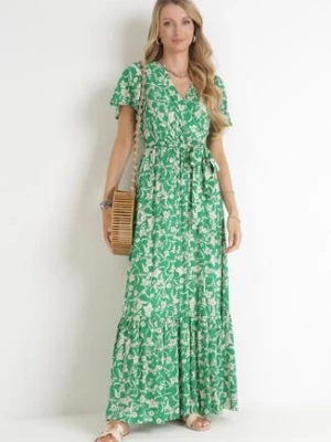 Zielona Sukienka Maxi z Gumką w Pasie w Kwiaty Aretocia