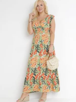 Zielona Sukienka Maxi z Gumkami w Talii i Kopertowym Dekoltem Elysa h&s