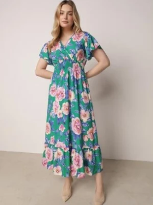 Zielona Sukienka Maxi z Kopertowym Dekoltem i Gumkami w Pasie Kelsi