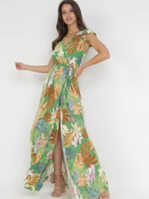 Zielona Sukienka Maxi z Kopertowym Dekoltem w Kwiaty Nasham