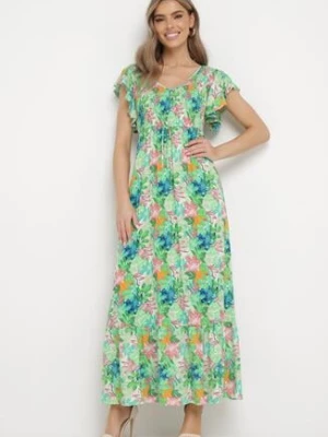 Zielona Sukienka Maxi z Kwiatowym Wzorem i Gumką w Talii Oleccte