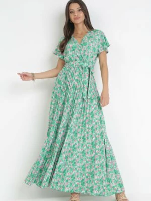 Zielona Sukienka Maxi z Plisowanym Dołem i Gumką w Pasie Maal cflo