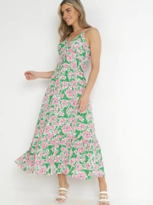 Zielona Sukienka Maxi z Wiskozy z Błyszczącym Nadrukiem w Kwiaty Lerin
