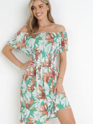 Zielona Sukienka Midi Hiszpanka z Gumkami w Pasie Asarina j&x