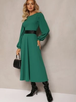 Zielona Sukienka Midi o Rozkloszowanym Fasonie z Bufiastymi Rękawami Amatya messaya