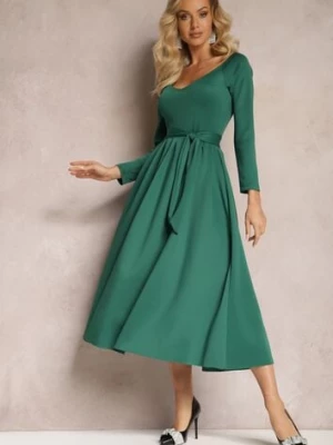 Zielona Sukienka Midi o Rozszerzanym Kroju z Paskiem w Talii i Dekoltem w Serek Vividia