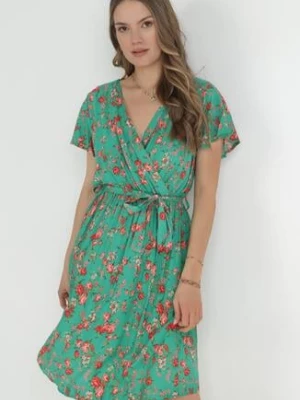 Zielona Sukienka Midi z Wiskozy z Gumką w Talii i Krótkim Rękawem Jodys cflo