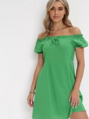 Zielona Sukienka Mini Hiszpanka z Marszczoną Gumką Lakenzie cflo