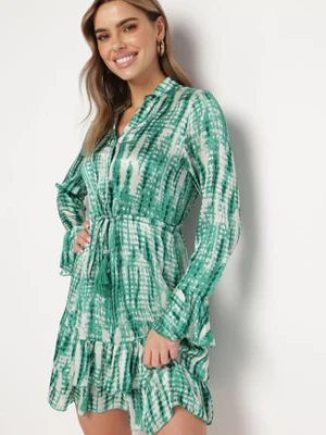 Zielona Sukienka Mini Ozdobiona Falbankami i Akwarelowym Wzorem Panava rosa