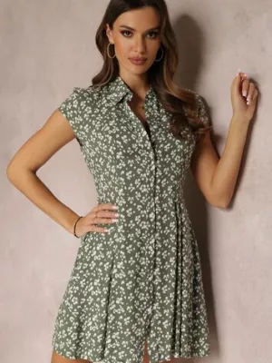 Zielona Sukienka Mini w Kwiatki z Kołnierzykiem Hollin rosa