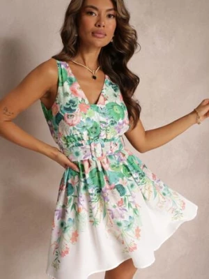 Zielona Sukienka Mini w Kwiaty z Gumką w Talii i Paskiem z Okrągłą Klamrą Helerava