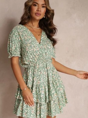 Zielona Sukienka Mini z Gumką w Pasie i Kopertowym Dekoltem z Wiskozy Littlestar cflo