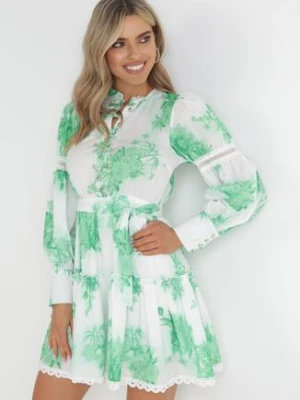 Zielona Sukienka Mini z Gumką w Pasie i Materiałowym Paskiem Alisaine allyson