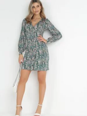 Zielona Sukienka Mini z Guzikami i Długimi Rękawami z Mankietami Cynandia by swan