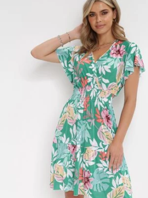 Zielona Sukienka Mini z Kopertową Górą i Gumką w Pasie Keasia j&x