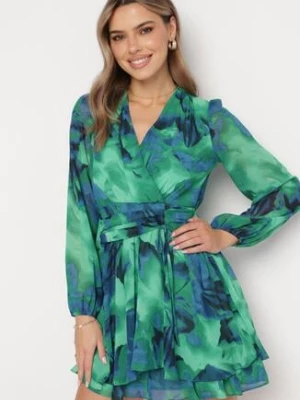 Zielona Sukienka Mini z Kopertowym Dekoltem i Wzorem Tie-Dye Arisel