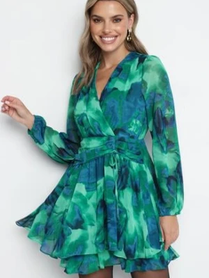 Zielona Sukienka Mini z Kopertowym Dekoltem i Wzorem Tie-Dye Arisel retro & icone