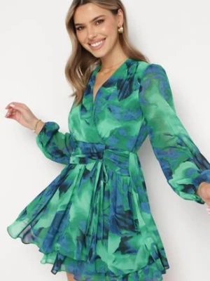 Zielona Sukienka Mini z Kopertowym Dekoltem i Wzorem Tie-Dye Arisel retro & icone