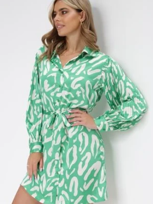 Zielona Sukienka Mini z Plisowanymi Rękawami i Materiałowym Paskiem Sevan unigirl