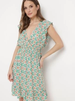 Zielona Sukienka Mini z Wiskozy w Mozaikowy Wzór z Gumką w Pasie Lariaa cflo