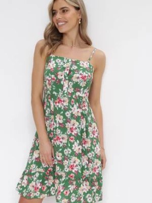 Zielona Sukienka na Cienkich Ramiączkach z Wiskozy w Kwiaty Kimball cflo