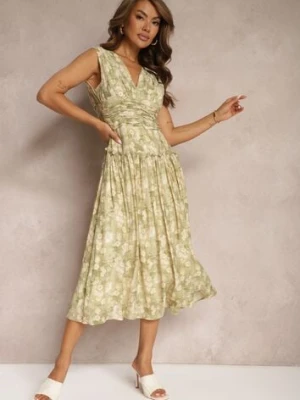 Zielona Sukienka na Grubych Ramiączkach z Dekoltem w Serek i Gumką w Talii Iletta bibous project