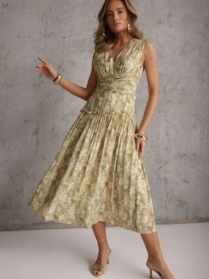 Zielona Sukienka na Grubych Ramiączkach z Dekoltem w Serek i Gumką w Talii Iletta bibous project