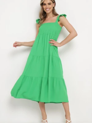 Zielona Sukienka na Ramiączkach z Falbankami o Rozkloszowanym Kroju Ebisena Metro Five
