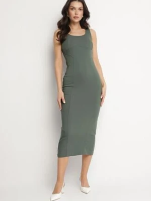 Zielona Sukienka na Ramiączkach z Wiskozą o Ołówkowym Kroju z Rozcięciem Tirbia rosa