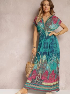 Zielona Sukienka o Kopertowym Kroju w Ornamentalny Print Nalori j&x