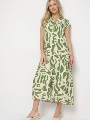 Zielona Sukienka o Koszulowym Kroju w Geometryczny Wzór Saranea rosa