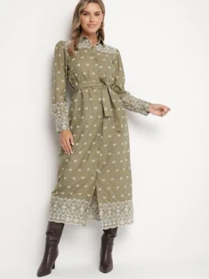 Zielona Sukienka o Koszulowym Kroju z Wiązanym Paskiem Ozdobiona Haftem Valentirae rosa