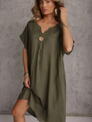 Zielona Sukienka o Pudełkowym Kroju z Lnem i Wiskozą Zdobiona Guzikiem Mezynore rosita