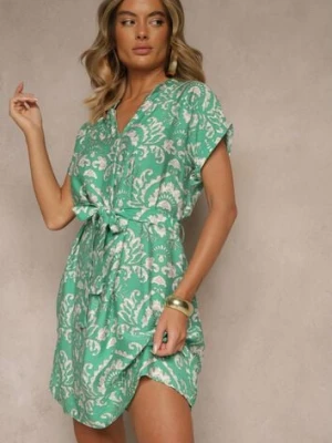 Zielona Sukienka o Pudełkowym Kroju z Materiałowym Paskiem w Talii Namsionne