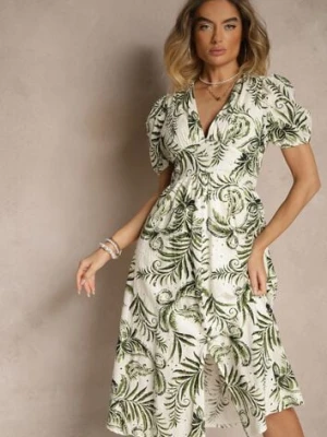 Zielona Sukienka o Rozkloszowanym Kroju z Dekoltem w Serek w Roślinny Print Evilessa rosa