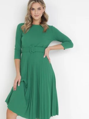 Zielona Sukienka Plisowana z Paskiem Gonge