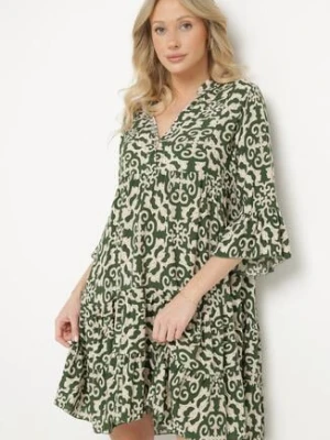 Zielona Sukienka Rozkloszowana z Bawełny w Etniczny Wzór Zalista defox