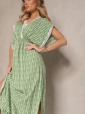 Zielona Sukienka Rozkloszowana z Bawełny Wykończona Koronką Lanadria defox